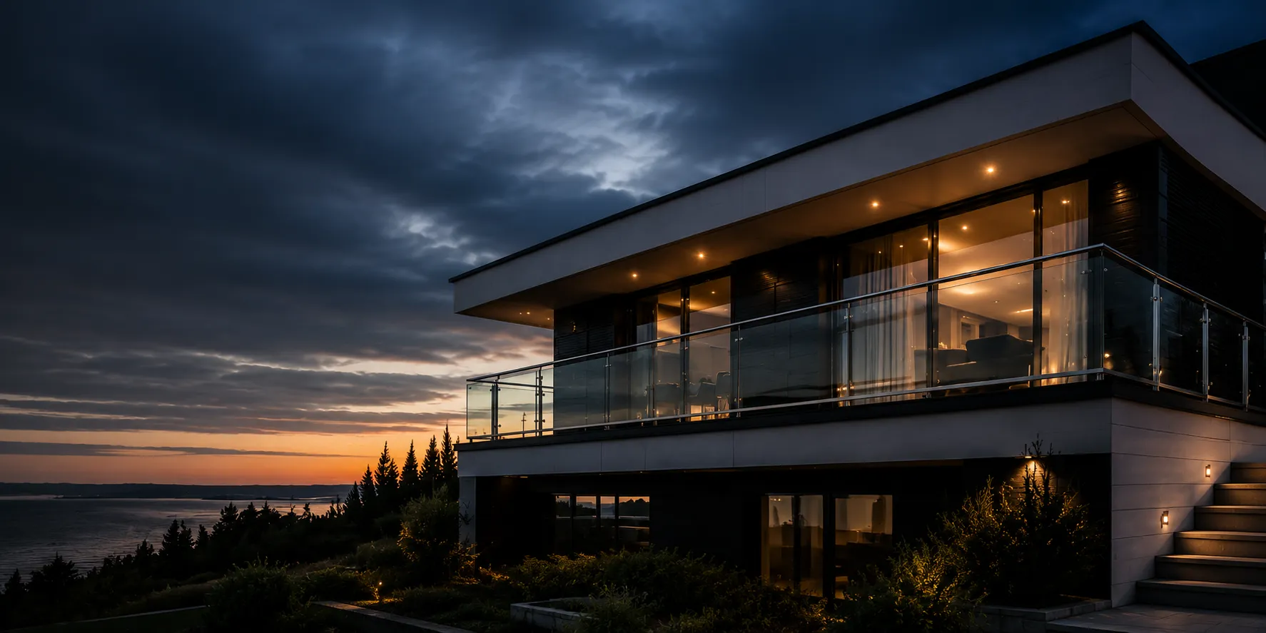 Modern house with a glass and stainless steel balcony railing, overlooking the sea at sunset
